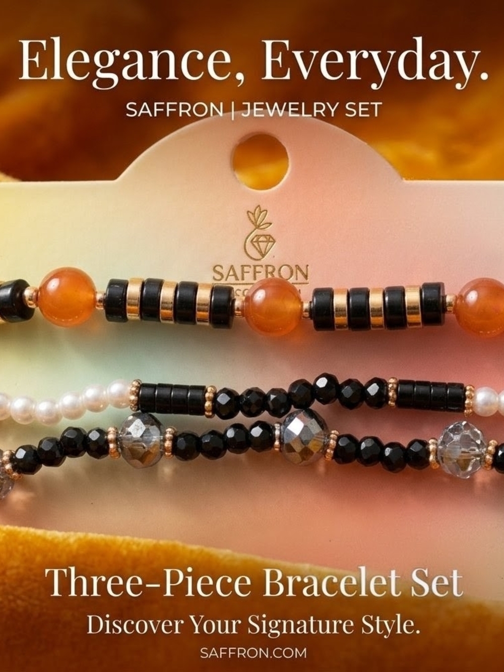 Saffron Multi-Layer Beaded Bracelet Set - Fashion Jewelry Stackable Neutral Tone